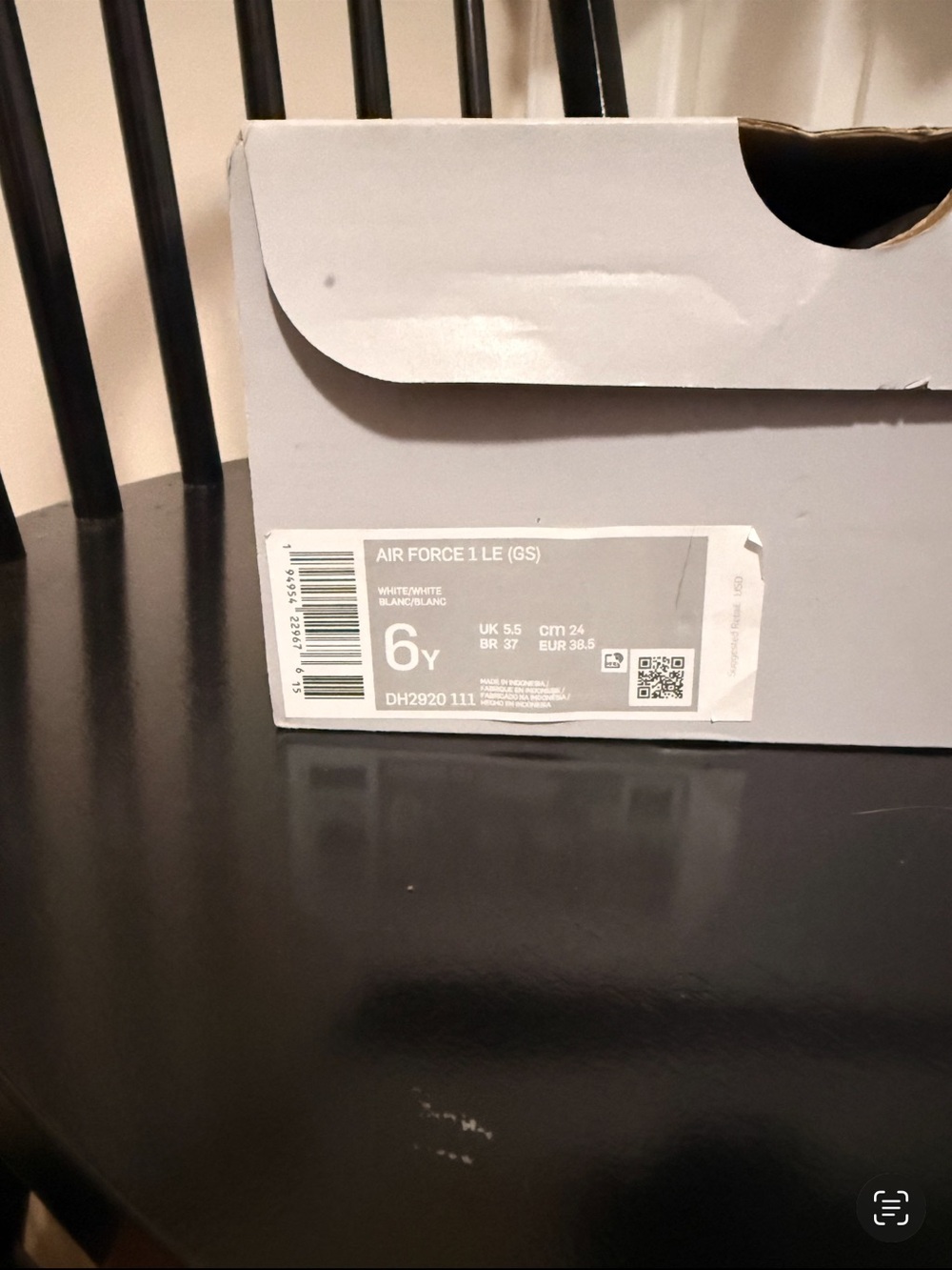Nike White and Gray Air Force 1 LE (GS) Shoe Box
